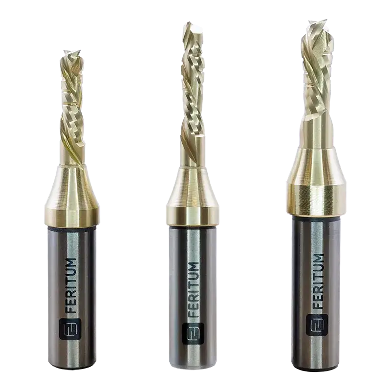 Фрезы компрессионные спиральные двухзаходные со стружколомами для раскроя фанеры и ЛДСП на ЧПУ станке Feritum