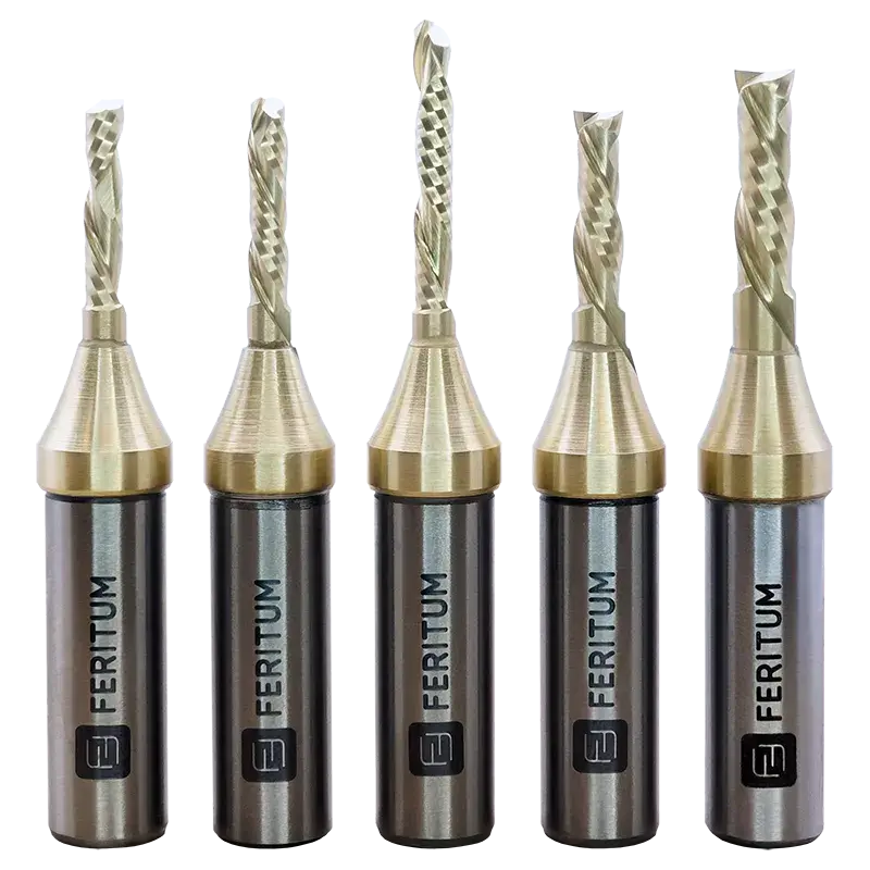 Фрезы компрессионные спиральные однозаходные и двухзаходные для раскроя ЛДСП, МДФ, фанеры, дерева на ЧПУ станке Feritum