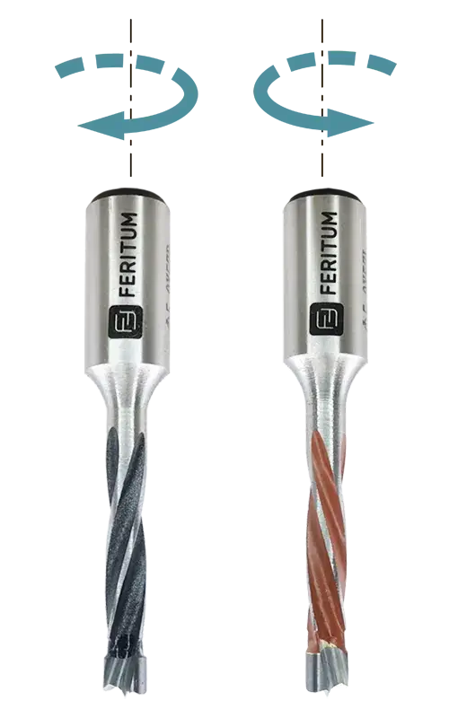 Направление вращения левого и правого глухого присадочного сверла L=57.5 мм