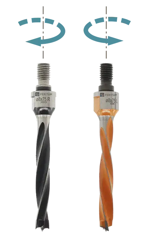 Направление вращения левого и правого сверла с резьбовым хвостовиком для станков SCM CYFLEX и MORBIDELLI